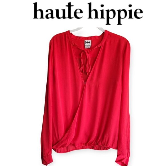 Haute Hippie Red Silk Tie-Front Blouse L - Picture 1 of 15